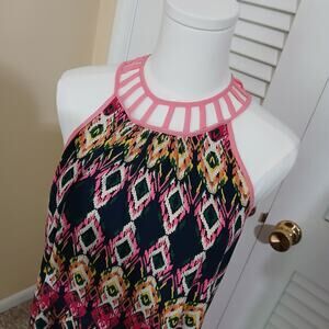 Minteau Couture 16(XL) Halter Dress A Line Navy/Pink/Green Cut-Out Neck Lined